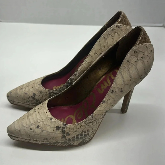 Sam Edelman Celia High Heels Platform Stiletto Leather Snake Skin Tan Brown 6 - Picture 4 of 9